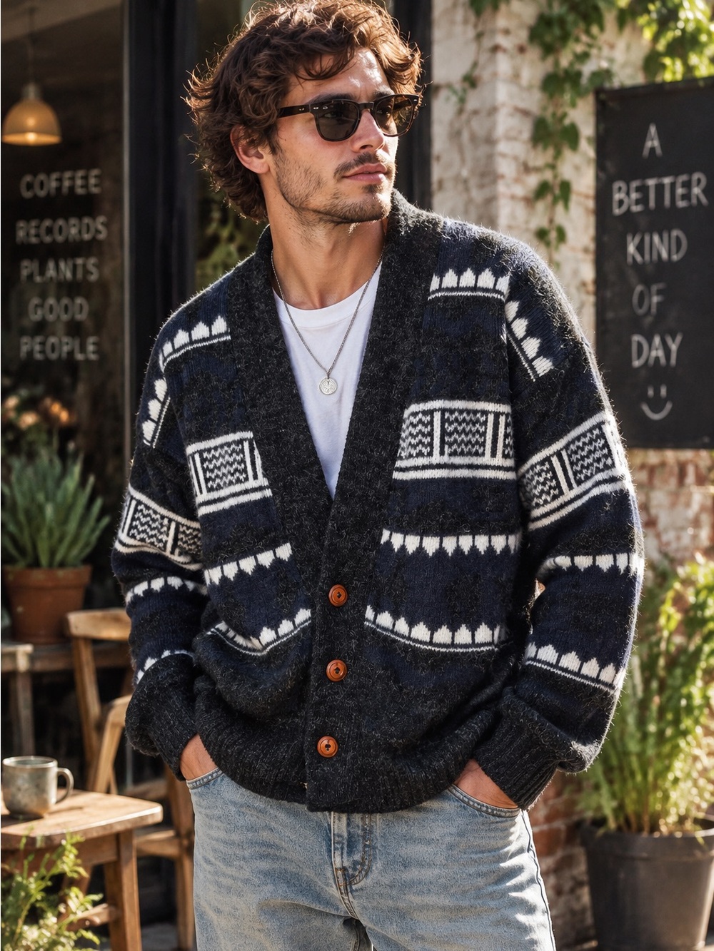 TEJIDOS RUMINAHUI Navy and Gray Heavyweight Wool Cardigan Sweater, L/XL